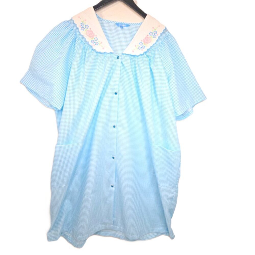 Vintage Dream Crest Blue PLaid Seersucker Button Front Embroidered Housedress